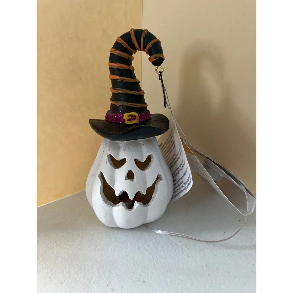 Halloween Light Up White Pumpkin Witch Hat Figurine Spooky Red LED Decor